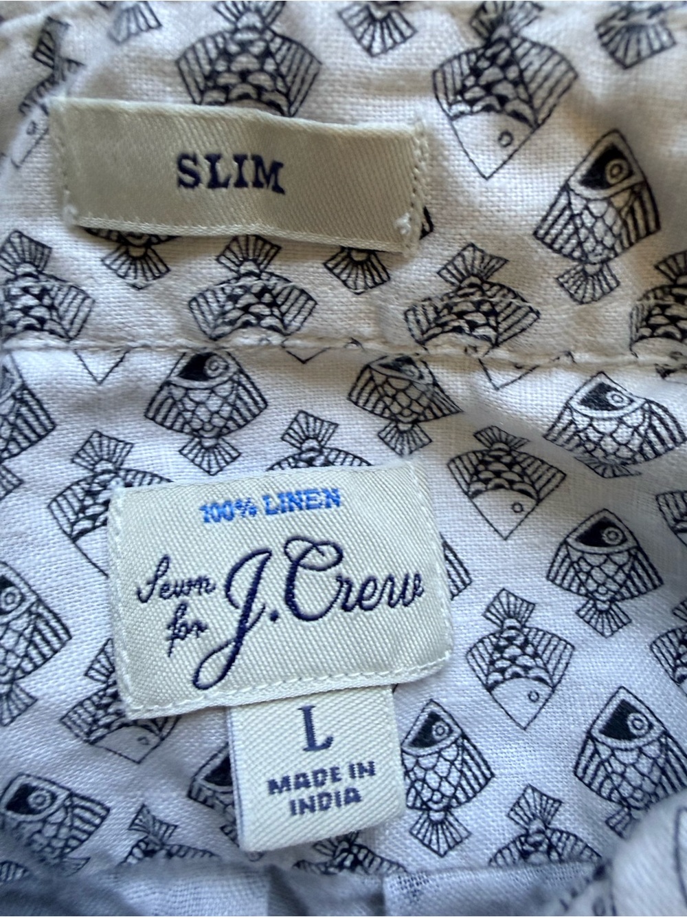 J. Crew Linen Short-Sleeve Button-Down fish print preppy resort sz L